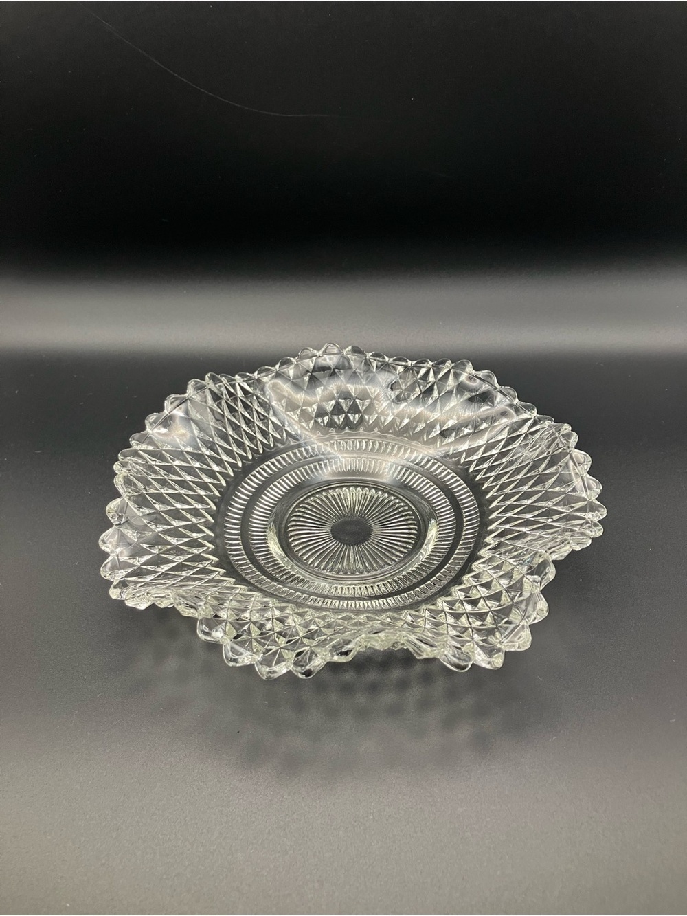 Vintage Diamond Point Clear Indiana Glass Ruffle Edge Trinket / Candy Dish